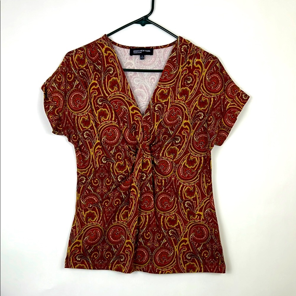 Jones New York paisley shortsleeve blouse brown, red, gold S